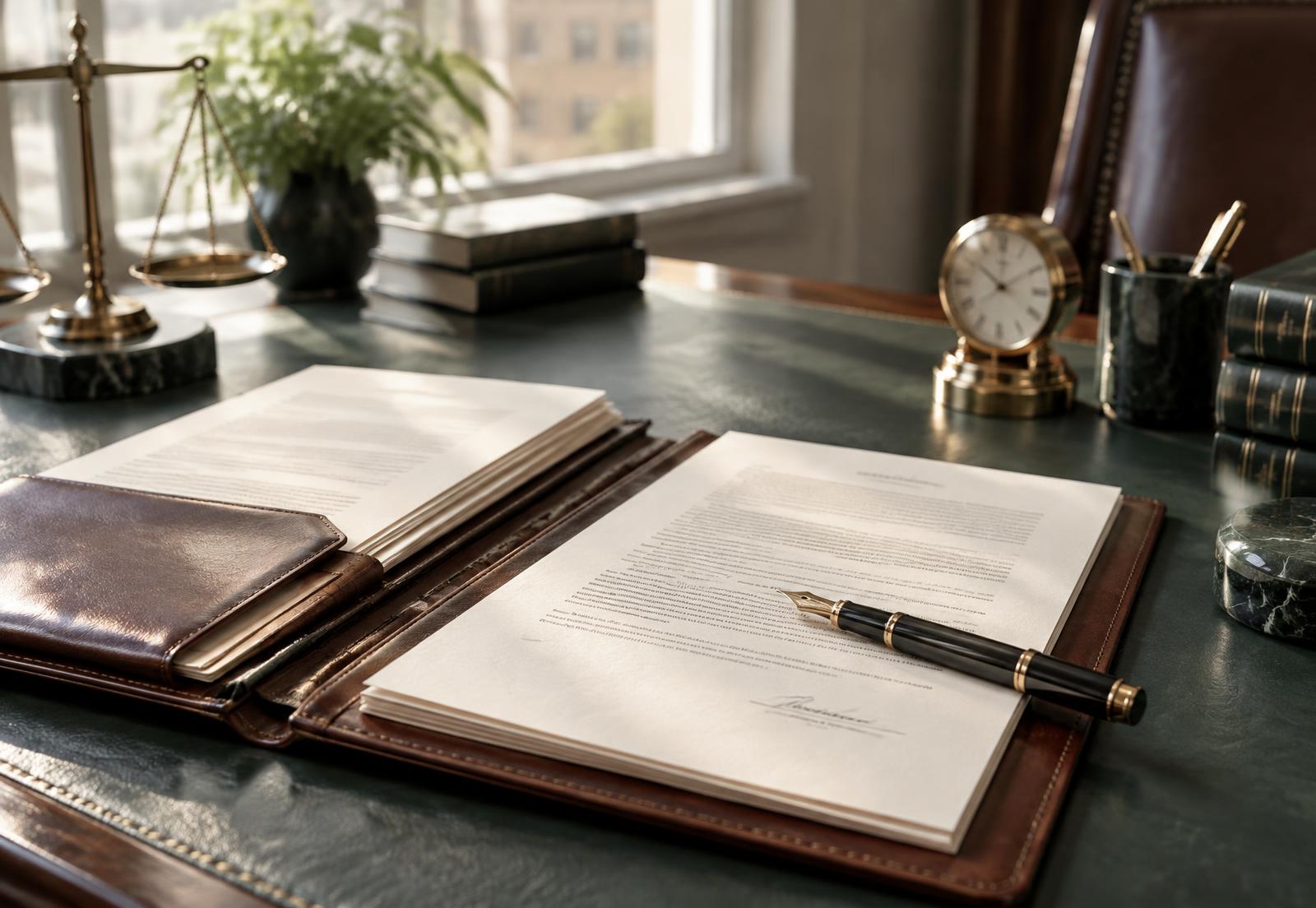 A lawyer's desk with an open case file, fountain pen and signed contract
